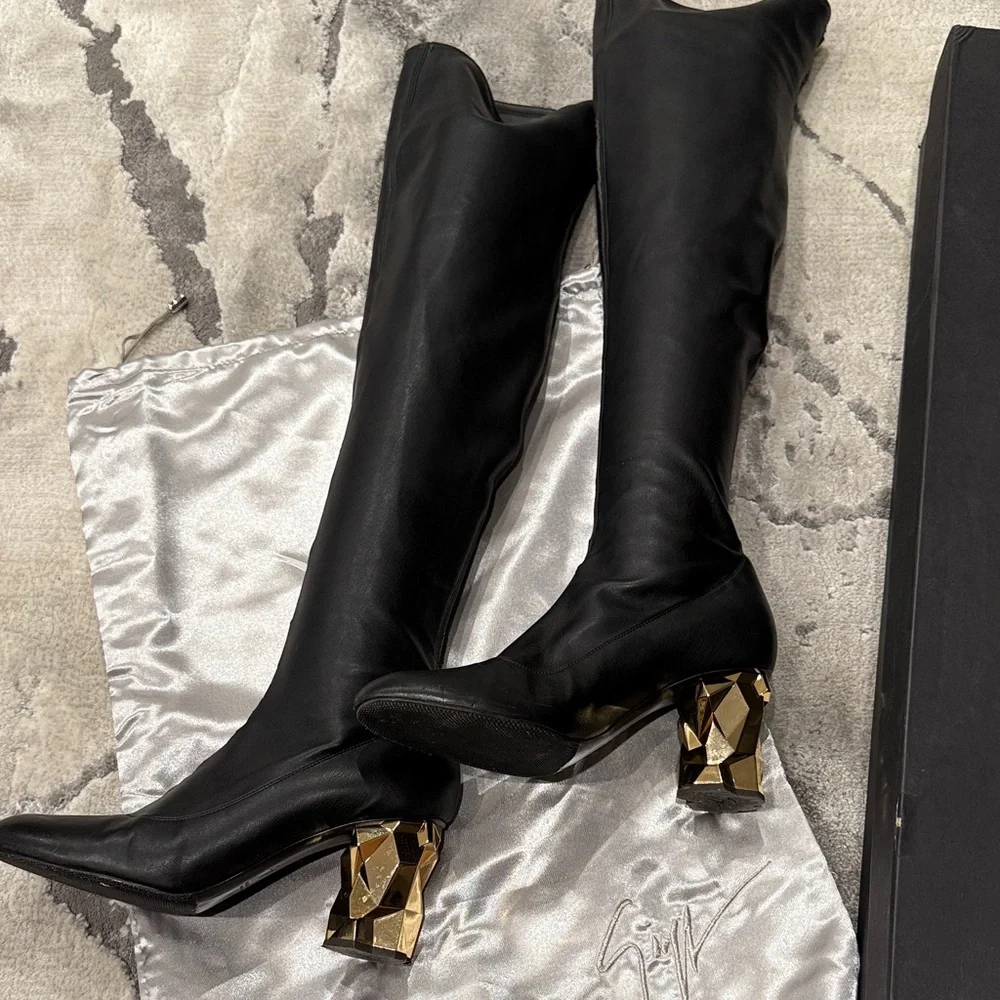 Giuseppe Zanotti Black Over-the-Knee Leather Boots with Sculpted Gold Heels